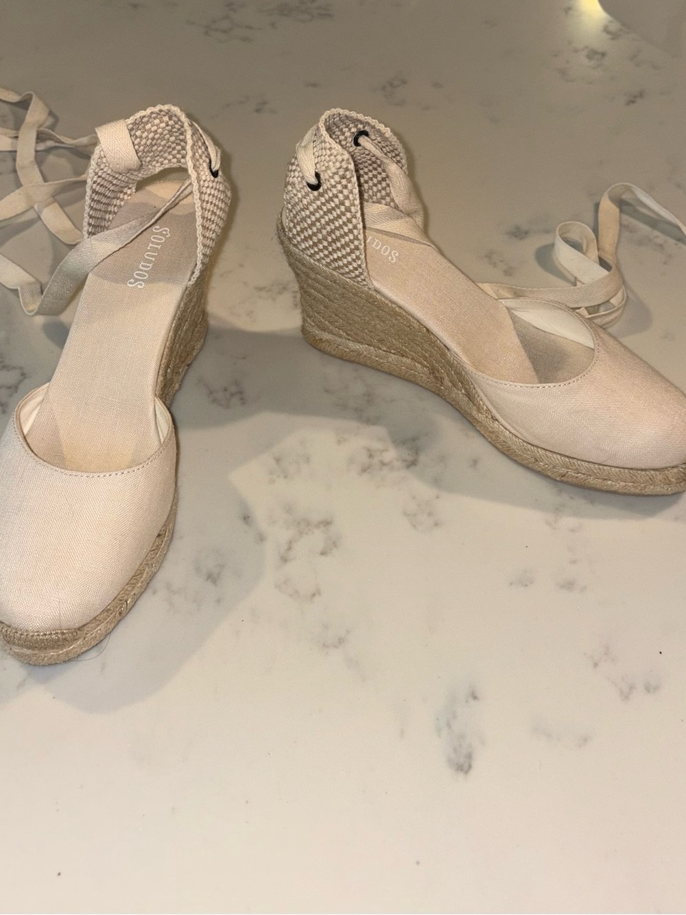 Soludos Cream Canvas Espadrille Wedges with Ankle Wraps